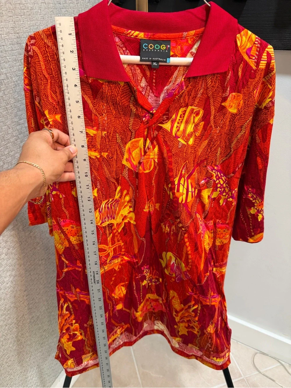 COOGI Red Polo with Orange and Yellow Tropical Print